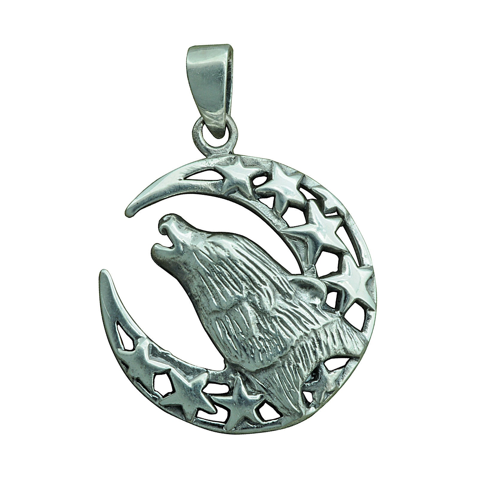 Collier Pendentif Loups Hurleurs - Argent 925 & Pierre De Lune - Longueur 46 Cm - Neuf Sans Emballage