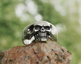 Handmade Sterling Silver Skull Ring: Gothic Biker Jewelry