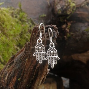 Filigree Hamsa Hand Earrings: 925 Sterling Silver Fatima Dangles