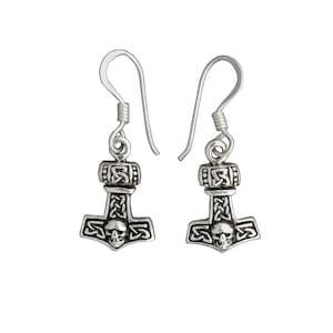 Thor&#39;s Hammer Skull Mjolnir Celtic Dangle Earrings 3 g 925 Sterling Silver Beldiamo