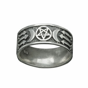 Pentagrama de lua tripla, pentagrama de prata esterlina 925, estilo celta, símbolo da deusa da lua wicca, anel de pentagrama presente por beldiamo