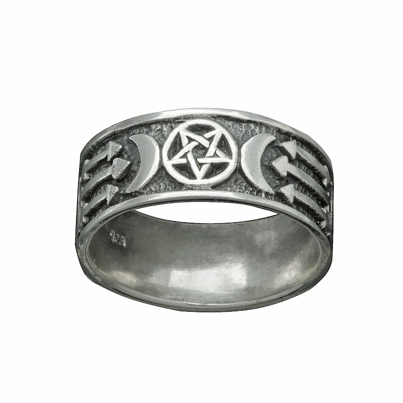 Triple Moon Lunar Coddess Pentagram Wika Pagan Ring 7 g Sterling Silver Beldiamo