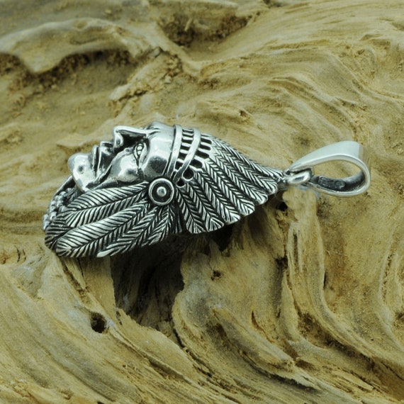 Indian Chief Head Pendant, 925 Sterling Silver,native American