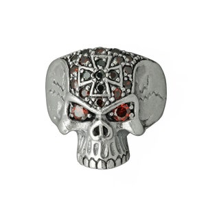 Beldiamo 16 g 925 Sterling Silver  Red Garnet CZ inlaid cross on the forehead of the skull and Red Garnet CZ Eyes Skull Ring Gift Jewelry