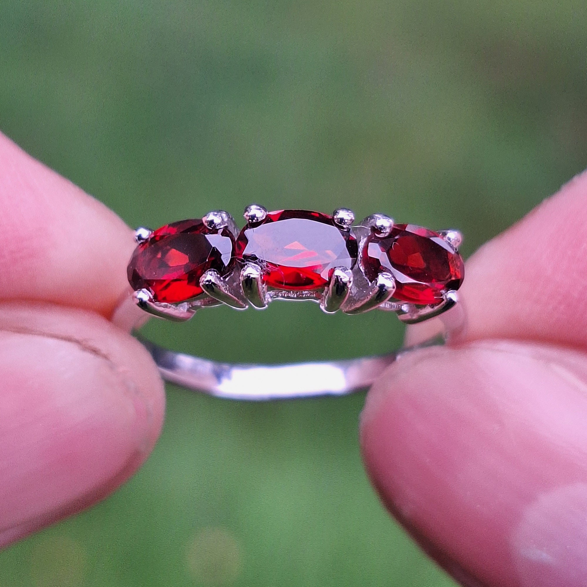 Natural Red Garnet Ring 1.71ctw, 925 Sterling Silver,Handmade Jewelry, Three-stone ring showcasing birthstone for January by Beldiamo