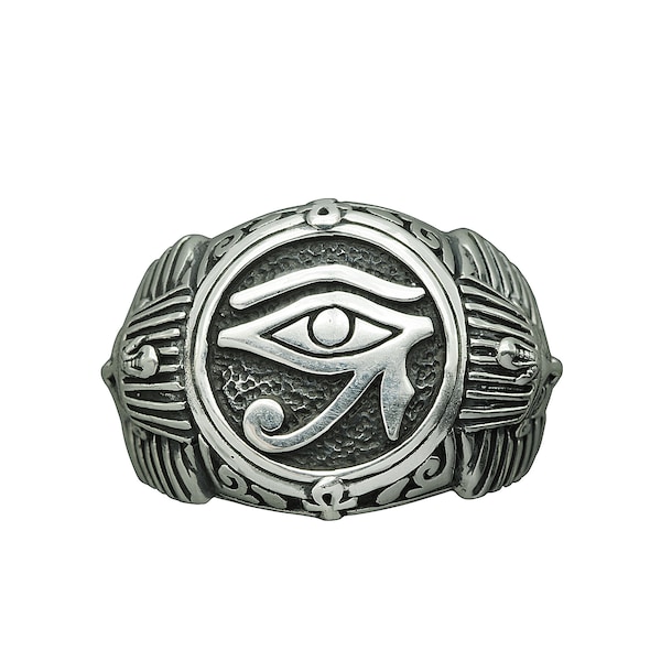 Egyptian Eye of Horus Ra with Pharaoh Tutankhamun Ring, 10 g 925 Sterling Silver inspired by Ancient Egyptian Art Gift Jewelry by Beldiamo