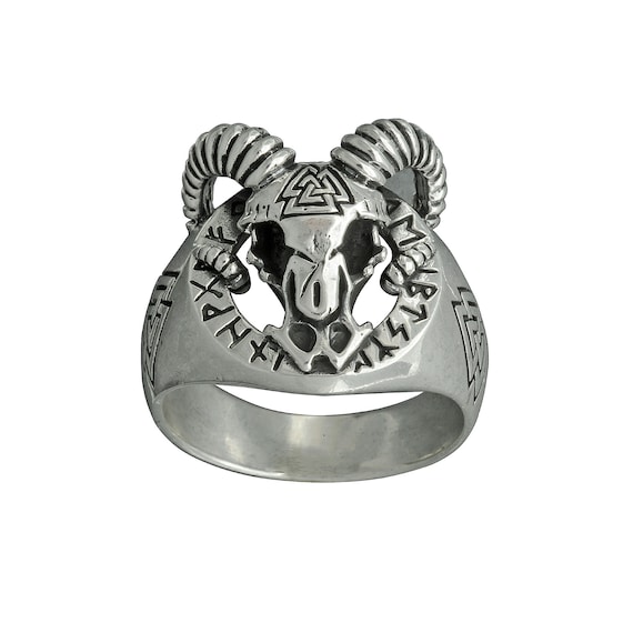 Men's 925 Sterling Silver Aries Zodiac Ring - Diamond Cut Ram Head Band (Size 6.5)