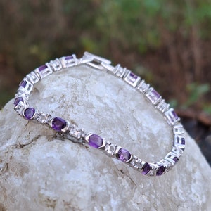 Natural Rose de France Amethyst & White Topaz Bracelet in 925 Sterling Silver, 6.75ct Oval Gems, Handmade Tennis Bracelet,  Gift for Women