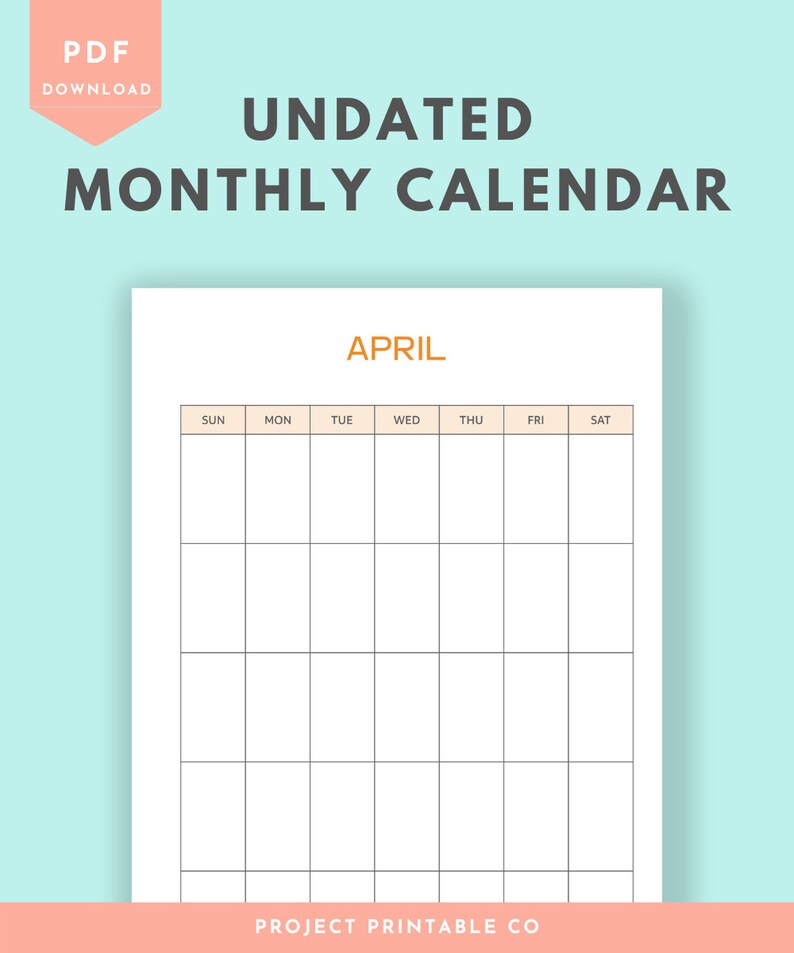 undated monthly calendar printable sunday start vertical etsy