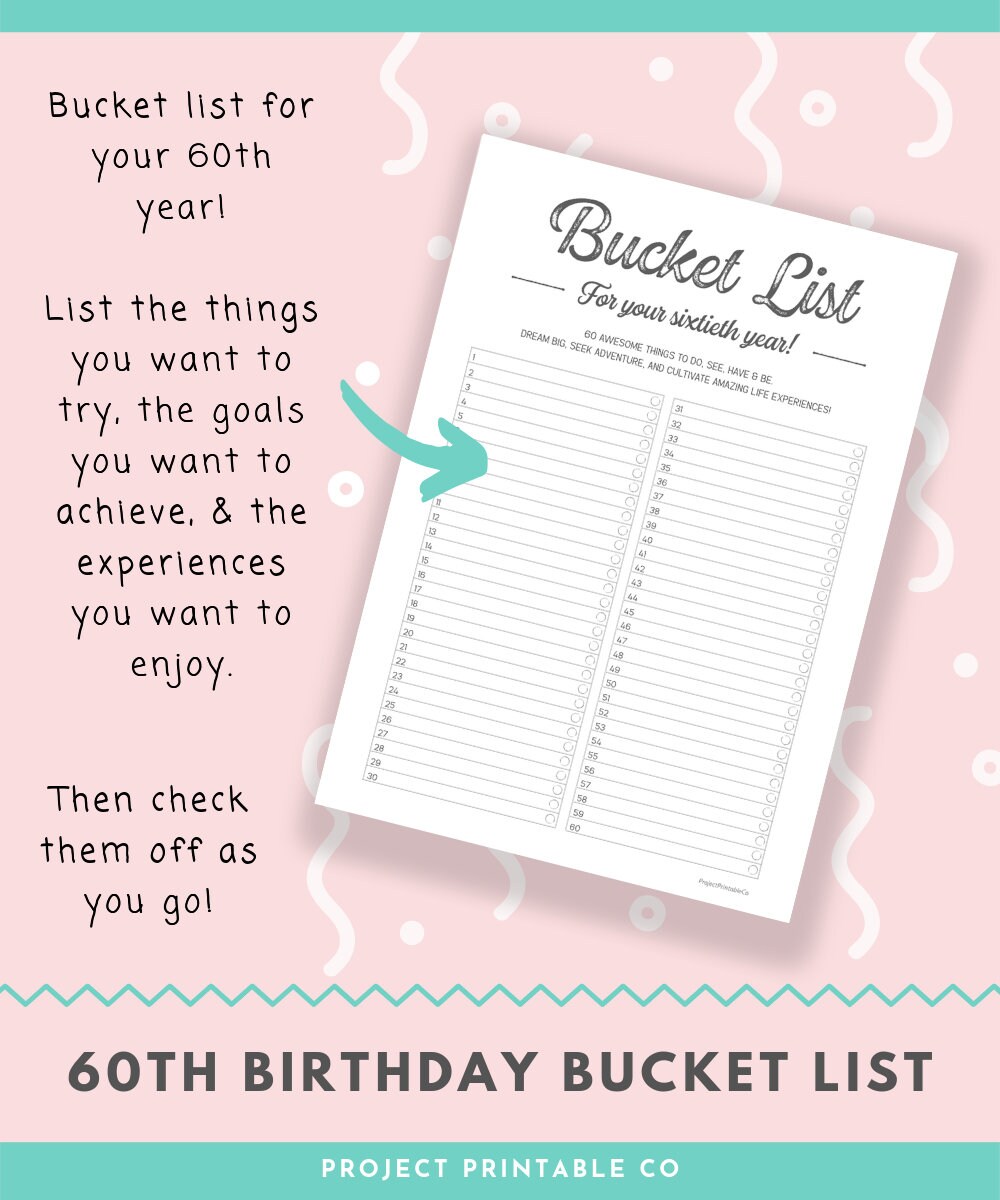 60th Birthday Bucket List Printable Digital PDF Download A4  Etsy