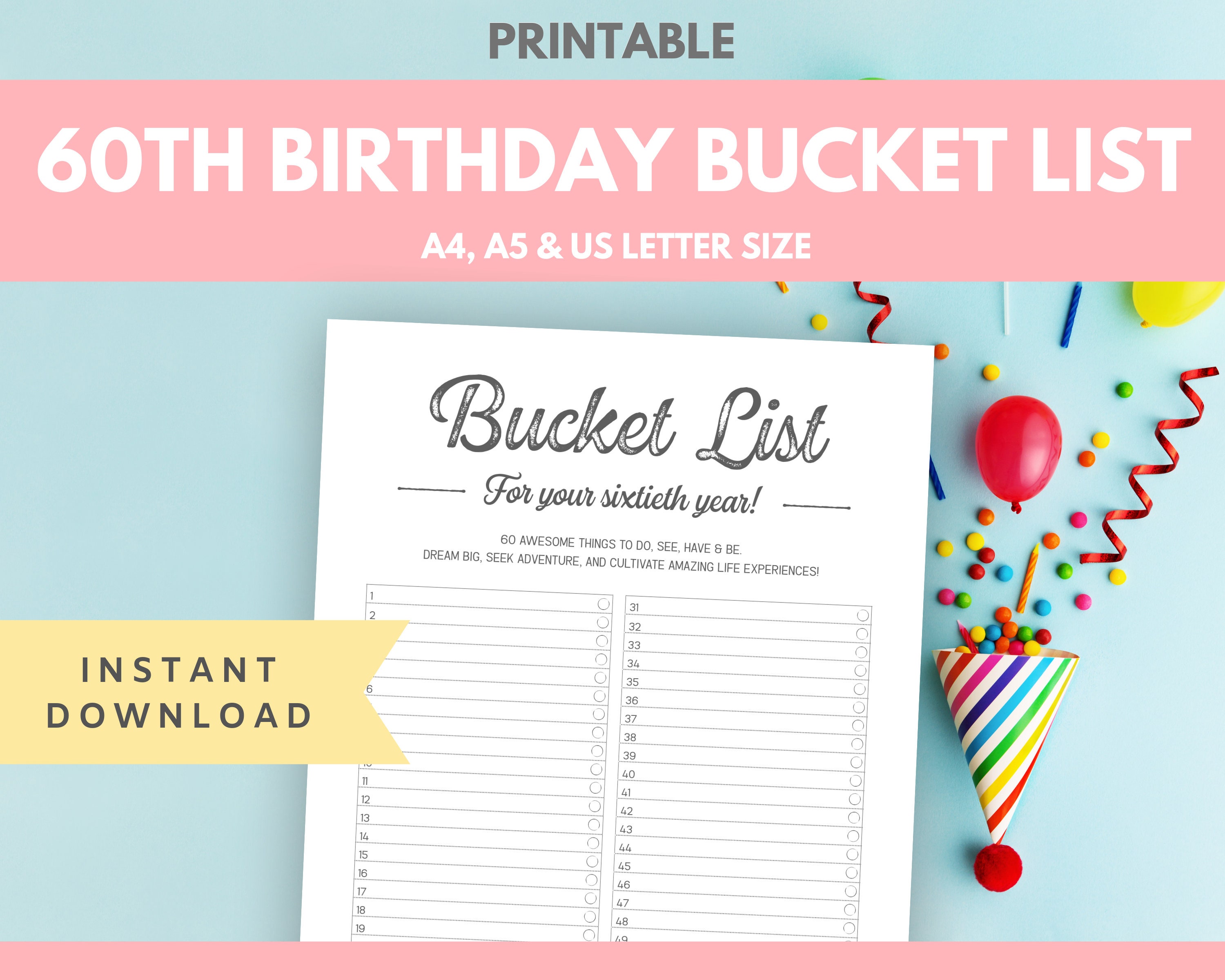 60th Birthday Bucket List Printable Digital PDF Download A4  Etsy