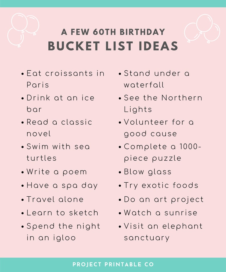 60th Birthday Bucket List Printable Digital PDF Download A4 Etsy