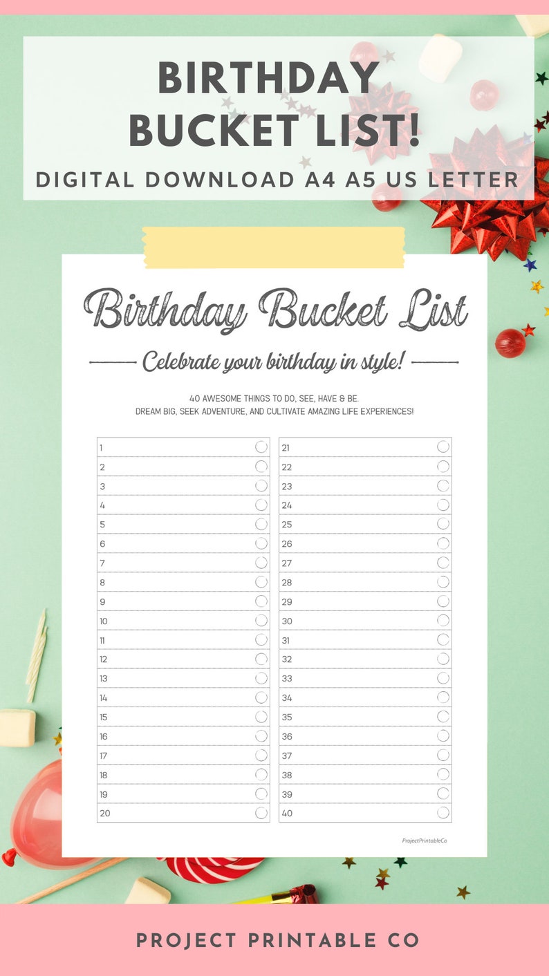 Birthday Bucket List Printable Planner Insert Digital PDF Etsy