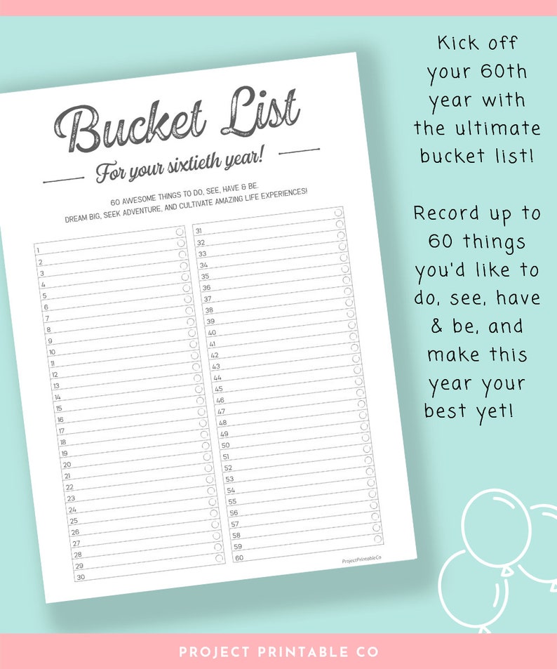 60th Birthday Bucket List Printable Digital PDF Download A4 Etsy
