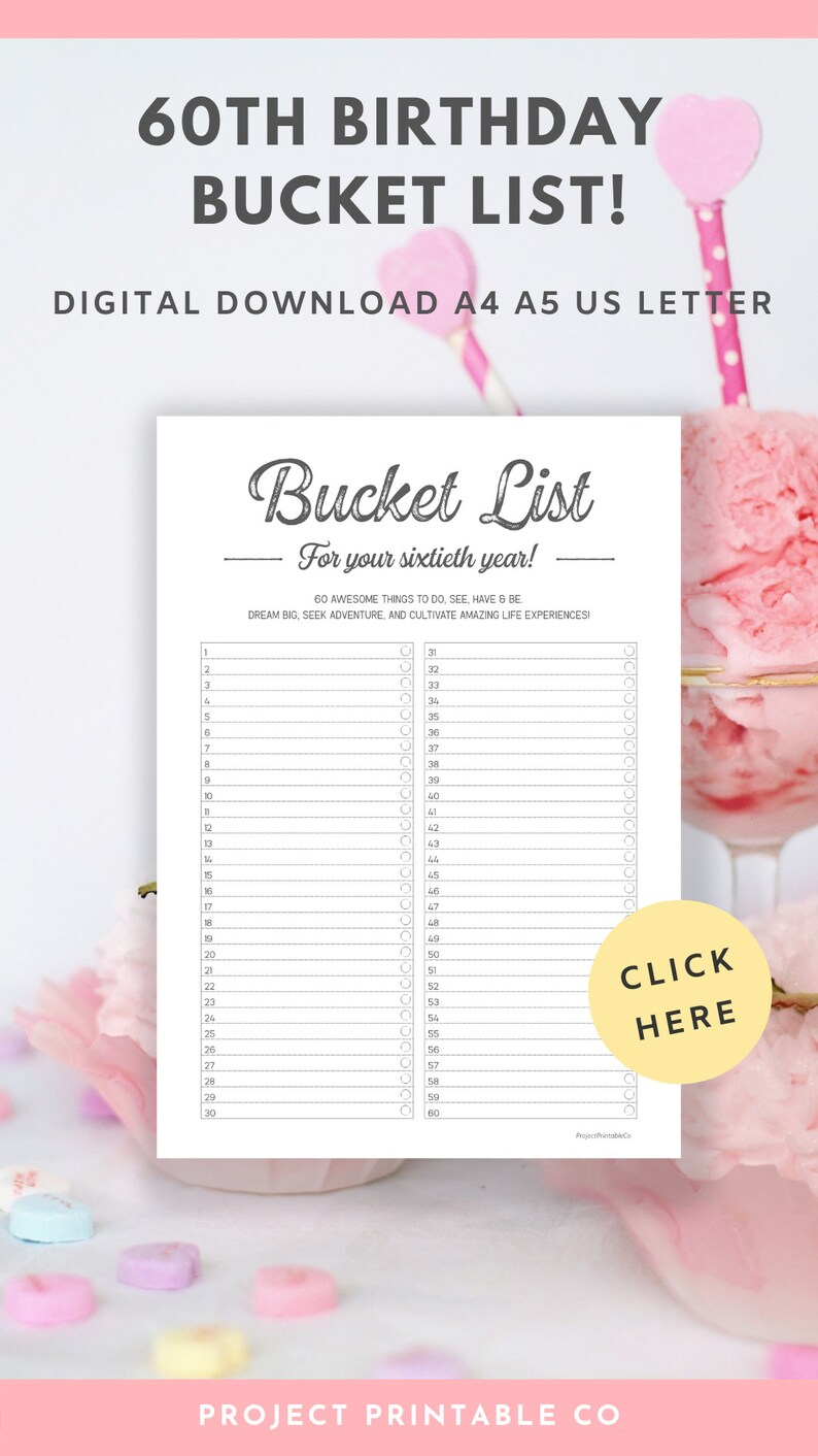 60th Birthday Bucket List Printable Digital PDF Download A4  Etsy