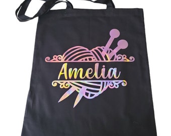 Personalised knitting project tote bag, knitting needle storage craft bag, gift for knitter, yarn shopping bag, unique present idea