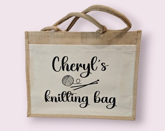 Personalised knitting bag, knitting storage, large knitting bag, jute knitting bag, knitting gift, craft bag, needle storage, project bag