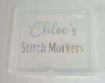 Personalized Stitch Marker Box, Rainbow Glitter Vinyl, Knitting Crochet Notions