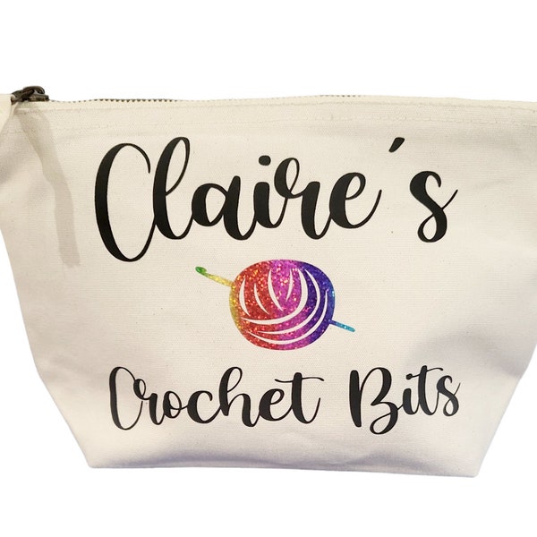 Personalised crochet bits accessories bag, gift for crocheter, craft bag, cute printed crocheting pouch, zipped project bag, present idea