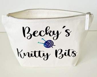 Personalised knitty bits knitting accessories bag, large knitting bag, bag for knitting, craft bag, printed knitting bag, cute knitting bag