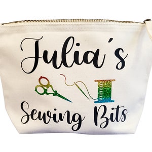 Personalised sewing bits accessories bag, gift for sewer, craft bag, cute printed stitching pouch, zipped project bag, sewing present idea