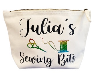 Personalised sewing bits accessories bag, gift for sewer, craft bag, cute printed stitching pouch, zipped project bag, sewing present idea