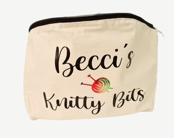 Personalised knitty bits knitting accessories bag, large knitting bag, bag for knitting, craft bag, printed knitting bag, cute knitting bag