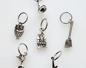 Harry Potter inspired Stitch Markers, wizard, witch, Hogwarts. Perfect knitting gift or crochet present.  Unique progress keepers set.