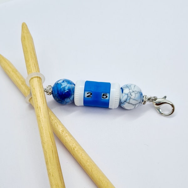 Row counter clip on, stitch marker, knitting needle end stopper, row counter for knitting, end stopper and row counter, knitting gift, delft