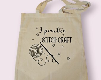 I practice stitch craft crochet tote bag, cute crochet project bag, ideal crocheting gift, storage tote shopper, yarn storage bag, knitting