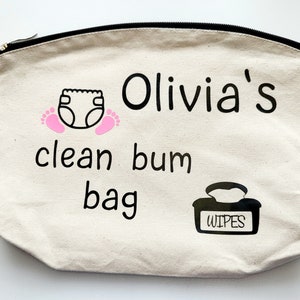 Personalised clean bum bag, nappy bag, baby gift, travel nappy bag, baby shower gift, bag for nappies and wipes, baby bag, pregnancy gift image 1