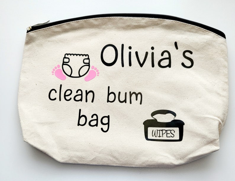 Personalised clean bum bag, nappy bag, baby gift, travel nappy bag, baby shower gift, bag for nappies and wipes, baby bag, pregnancy gift image 1