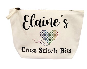 Personalised cross stitch bits zipped bag for accessories or a small project, custom craft storage