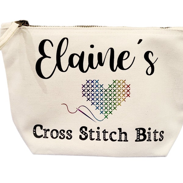 Personalised cross stitch bits bag, sewing accessories bag, craft bag, cute printed stitching pouch, zipped small project bag, gift idea