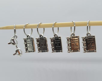 Book Lover Stitch Markers. Perfect knitting gift or crochet present.  Unique progress keepers set, knitting notions. Reading gift idea.