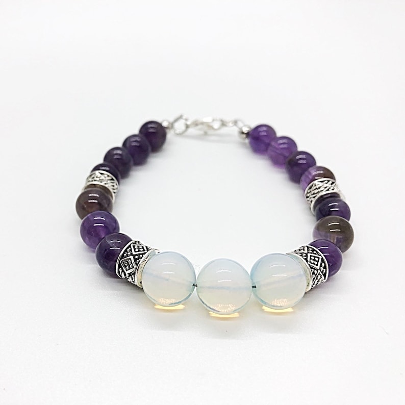 Healing Crystals Opalite Bracelet Iridescent Bracelet Amethyst /& Opalite Bracelet: Healing Stones Raw Amethyst Positive Energy
