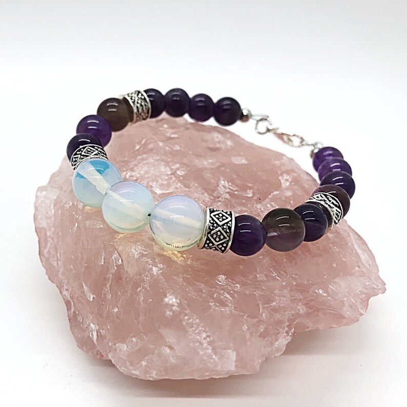 Healing Crystals Opalite Bracelet Iridescent Bracelet Amethyst /& Opalite Bracelet: Healing Stones Raw Amethyst Positive Energy