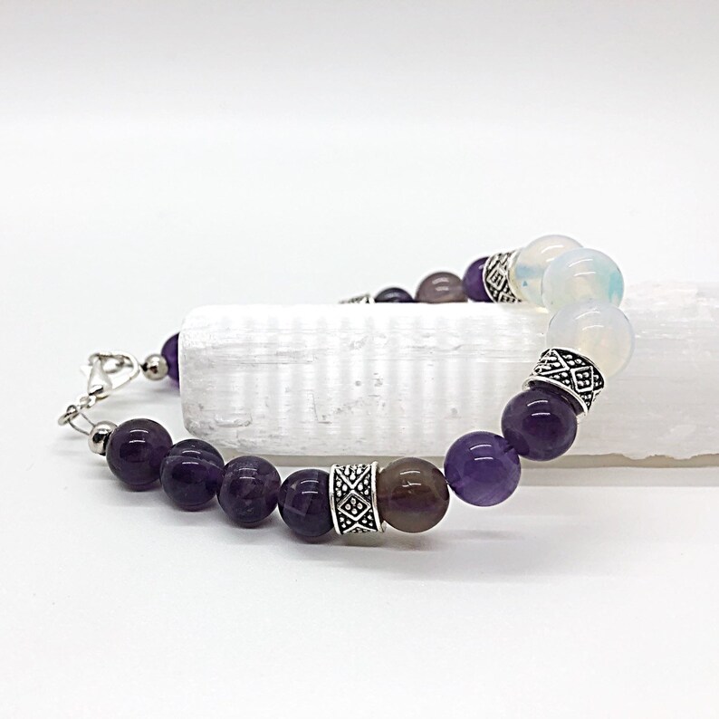 Healing Crystals Opalite Bracelet Iridescent Bracelet Amethyst /& Opalite Bracelet: Healing Stones Raw Amethyst Positive Energy
