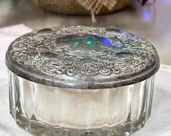 Vintage Cut Glass Powder Jar with Etched Floral Lid Vanity Trinket Box.
