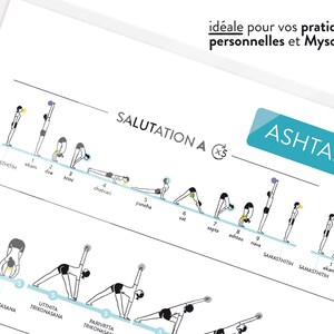 May include: A black and white illustration of a yoga sequence called "Salutation A x5" with the text "ASHTANGA" in a teal blue box. The sequence shows nine poses with the names of each pose in black text below the pose.