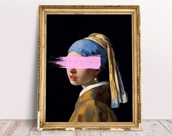 Renaissance painting Altered Art, Download Printable Girl with Pearl Earring, Vintage Portrait Woman print, Pink brush stroke, Baroque decor