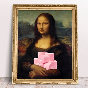 Mona Lisa with Pink Toilet Papers poster, Altered Art print, Renaissance Digital Download Printable, Funny Bathroom wall art
