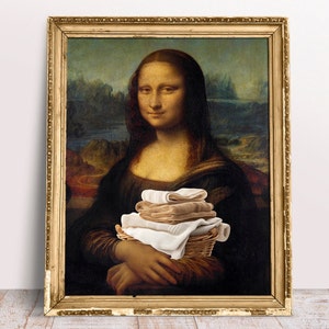 Mona Lisa with Basket with Clean Towels, Altered Art print, Renaissance Digital Download Printable, Funny bathroom poster, Laundry wall art