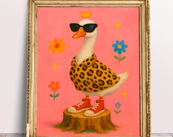 Kids room prints, Goose in Leopard Shirt Oil painting, Girls bathroom art, Digital Download Printable, Print for Nursery, Cute goose poster