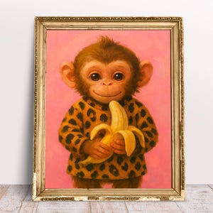 Impressões para quarto de criança, Macaco com suéter de oncinha e pintura a óleo de banana, download digital para impressão, impressão para berçário, pôster fofo de macaco
