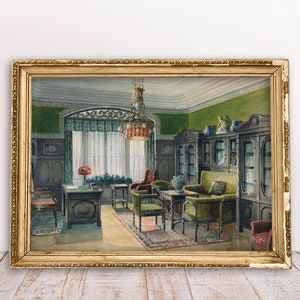 Fine art, Vintage painting Library or Office Interior print, Beautiful old study, Digital Download Printable, Blue Green Room, Stylish house