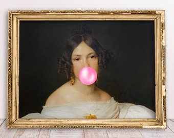 Louise Mayer with Pink Bubble gum print, Altered art vintage portrait of Lady, Rococo oil painting, Baroque Digital Download Printable