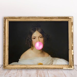 Louise Mayer with Pink Bubble gum print, Altered art vintage portrait of Lady, Rococo oil painting, Baroque Digital Download Printable