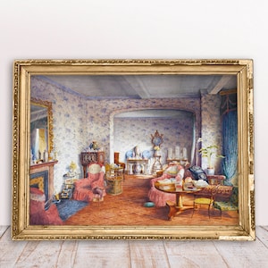 Vintage painting Drawing room Austen House print, Fine art, Beautiful old interior, Digital Download Printable, Pink chair, Stylish house