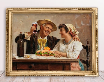 Divertida impresión de arte alterado vintage, retrato Pareja con hamburguesas, papas fritas y bebida, Descarga digital imprimible, Decoración de cocina, Arte gastronómico
